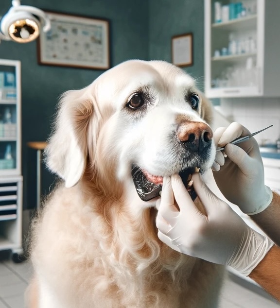 gebit van oudere hond wordt gecontroleerd door de dierenarts