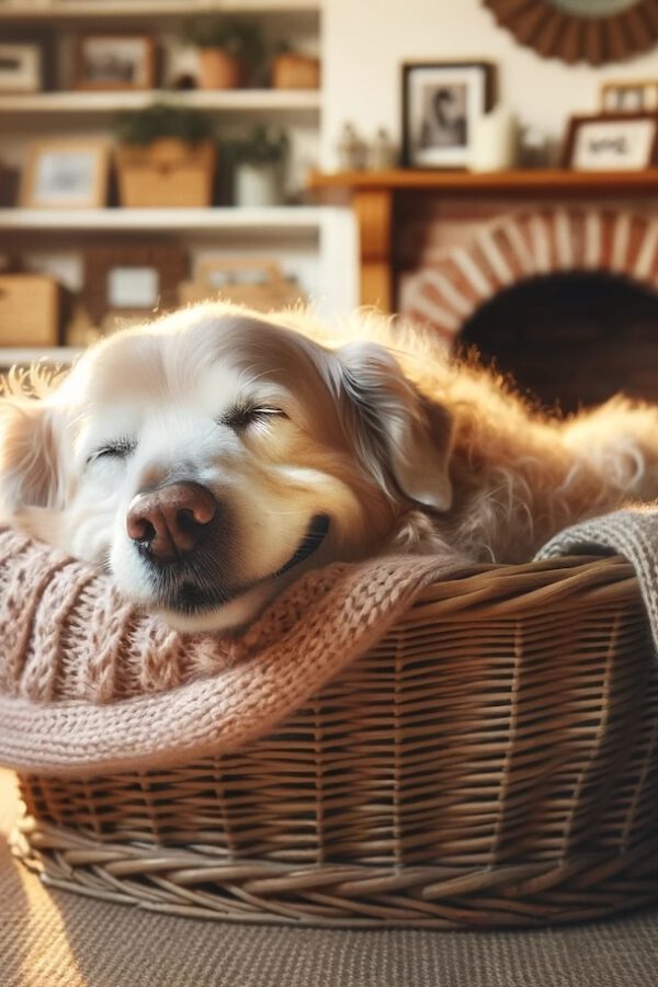 oude hond slaapt in mand