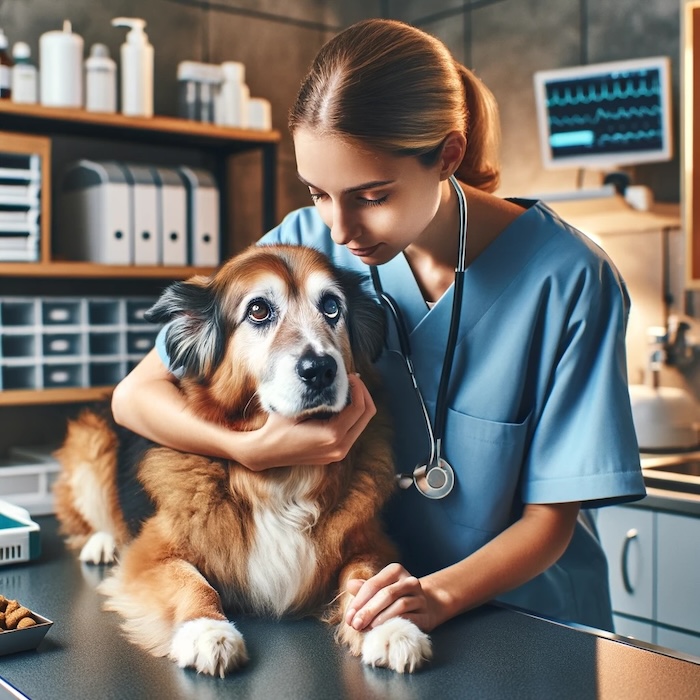 senior hond bij de dierenarts voor checkup