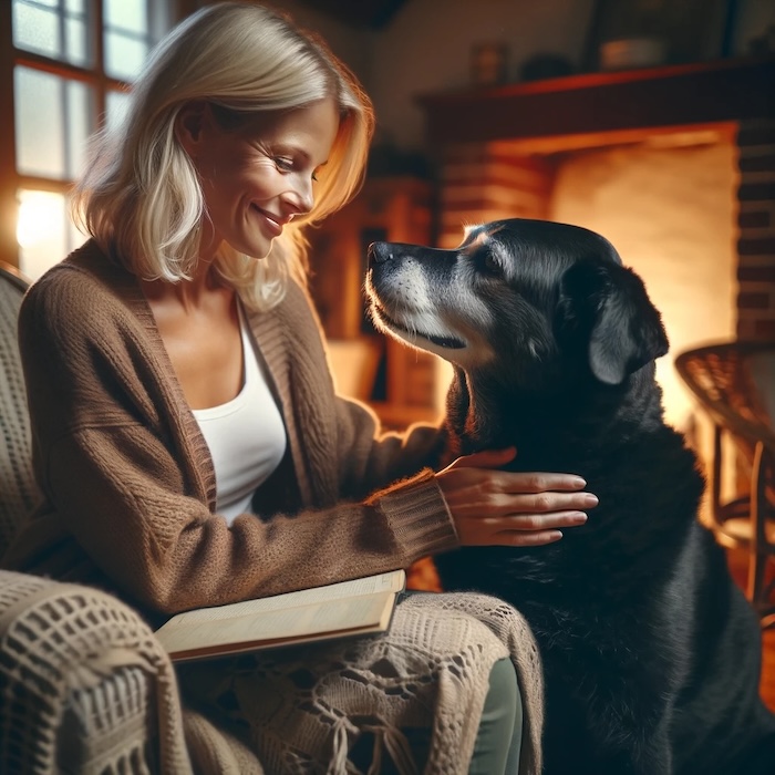 oude hond en baasje. liefde en aandacht voor je hond