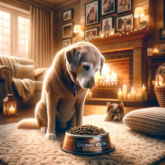 oudere hond met een bak hondenvoer.
