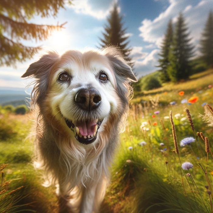 blije senior hond wandelen in de natuur