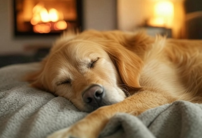 hond ligt te dromen op een kleed