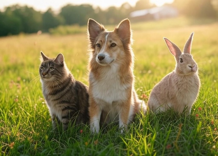 huisdieren; hond, kat en konijn buiten in het gras