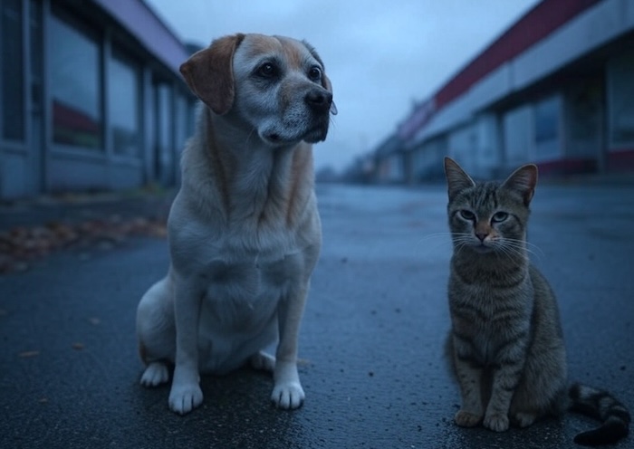 hond en kat op straat zijn verdwaald en vermist