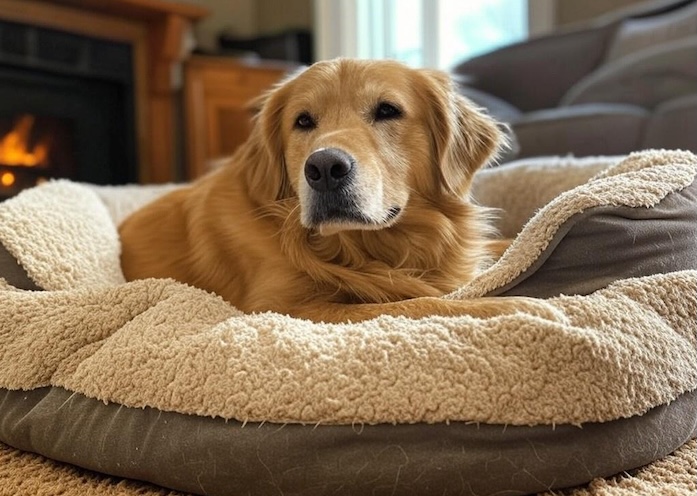 hond met pijn ligt in mand. pijn bij je huisdier herkennen.
