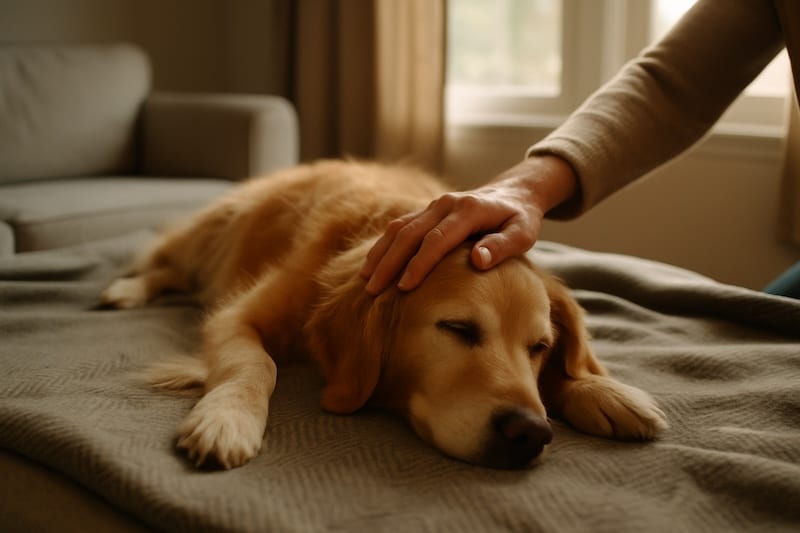 hond ligt op een bed in een rustige kamer. een vrouwenhand aait over zijn kop.