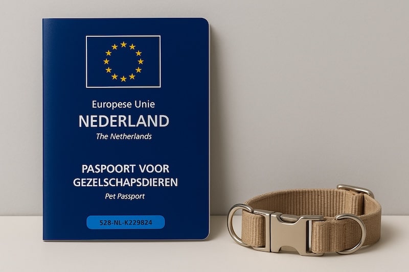 een afbeedling van een honden (huisdieren) paspoort op een tafel met daarnaast een halsband. in mooie rustige kleuren weergegeven.