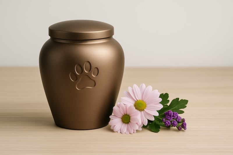 urn voor een hond na crematie. mooie koper kleurige urn met pootafdruk. deze staat op een licht houten tafel met bloemetjes ernaast
