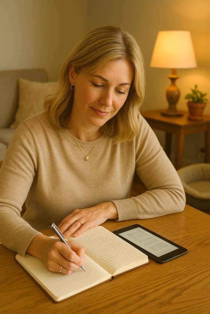 blonde vrouw zit aan tafel in een gezellige woonkamer, op de achtergrond een lege hondenmand. Zij schrijft in een schrift en naast haar op de tablet de cursus rouwverwerking verlies huisdier