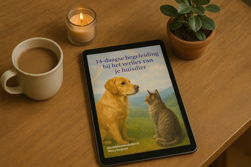 iPad met cursus rouwverwerking, verlies huisdier, ligt op een tafel. op de tafel ook een kop koffie, een plant en brandend kaarsje