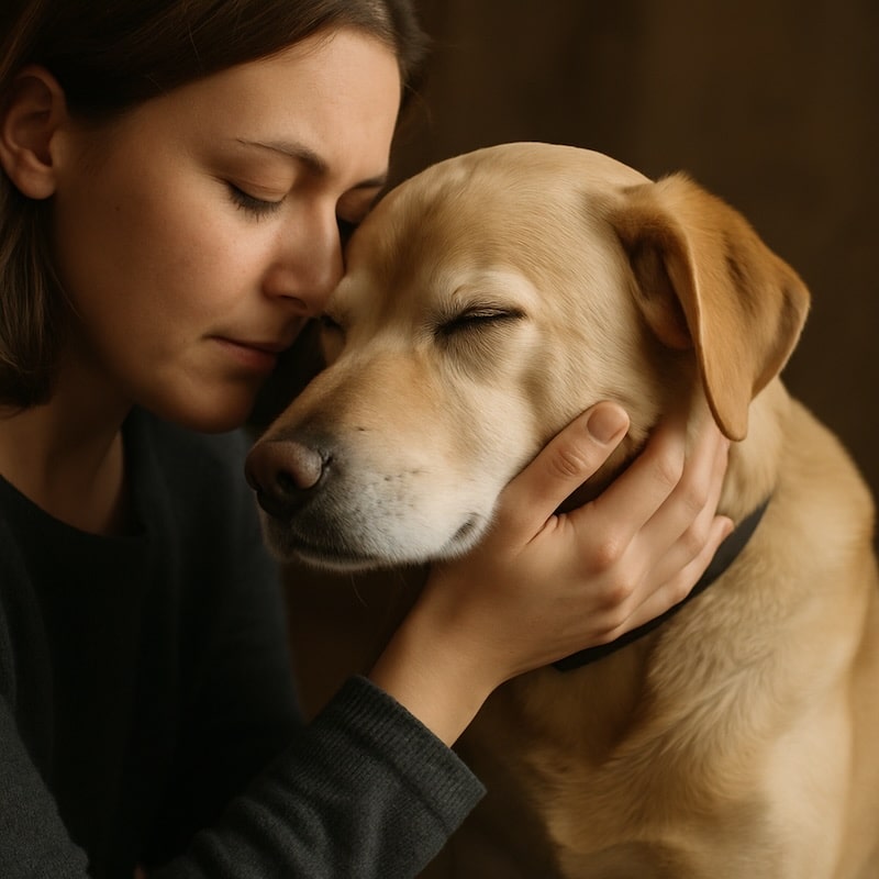 vrouw met hond. ze omhelzen elkaar als laatste afscheid een dierenuitvaartverzorger helpt