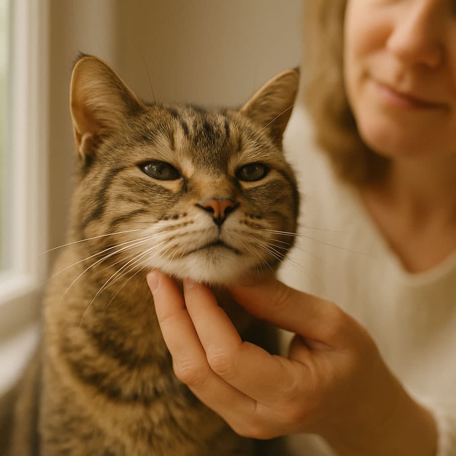 kat met baasje. de vrouw aait de kat onder de kin. de kat heeft het naar z'n zin en krijgt palliatieve zorg thuis.