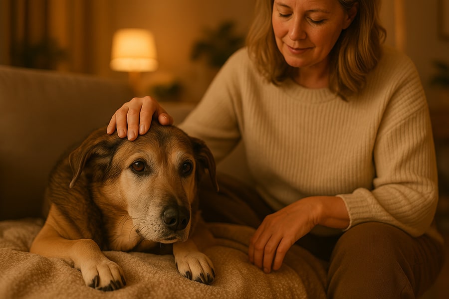 palliatieve zorg huisdieren. de hond die op een kleedje op de bank ligt wordt goed verzorgt en het baasje , de vrouw zit naast hem op de bank en aait hem over de kop. het is avond in een gezellige woonkamer